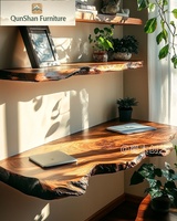 Escritorio Flotante de Madera Maciza con Borde Natural |   Estación de Trabajo para Computadora de Estilo Wabi-Sabi, Montada en la Pared, con Estantes Integrados, para Oficina en Casa