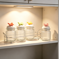 Ensemble de 4 pots de rangement en verre à nervures verticales avec support métallique et couvercles en céramique papillon colorés, pour épices, bonbons et collations