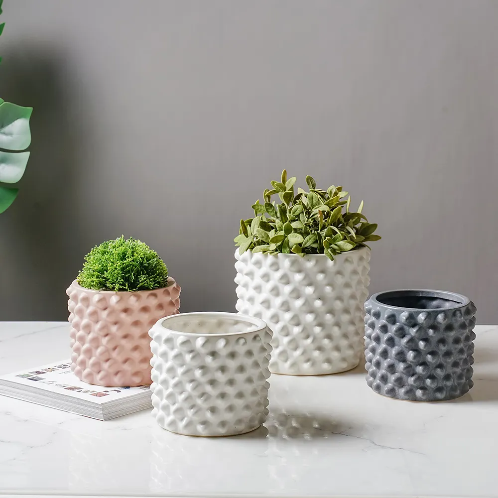 Vintage style Hobnail Textured Ceramic Flower Planter Pot Thorn Design Matte Color Glazed Plant Pot For Garden Home Office