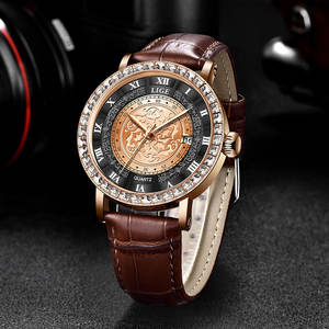 Montre pour homme en cuir marron et noir avec diamants, 42 mm, date luminescente, chronographe à quartz, résistance à l'eau 3 BAR, style professionnel simple - Product Image 3