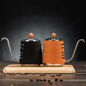 Cafetera manual de acero inoxidable con cuello de cisne y tapa de cuero, 300/500ml