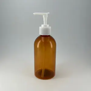 Recipiente cosmético PET âmbar personalizado de alta qualidade, frasco de plástico para shampoo redondo de ombro plano com 28/410 24/410 bomba de loção, 300ml