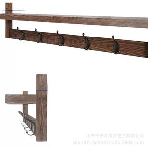 Wooden Wall Mounted Rack With <b>Shelf</b> And <b>Hooks</b> For Bathroom Living Room Entryway Storage Organizer Punch Free Lacquered Finish - Product Image 5