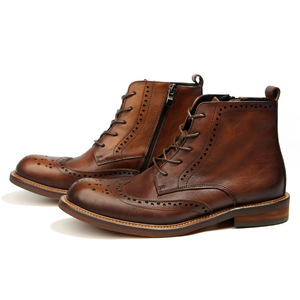 Bottes hautes brogues pour hommes en cuir marron avec motif sculpté, mi-mollet, respirantes, semelle adhésive, taille adulte 40-46 - Product Image 3