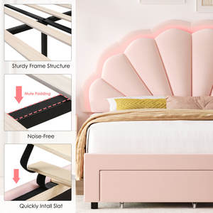 Cadre <span class=keywords><strong>de</strong></span> <span class=keywords><strong>lit</strong></span> rembourré à LED, <span class=keywords><strong>lit</strong></span> réglable pour usage domestique avec autocollants silencieux, tête <span class=keywords><strong>de</strong></span> <span class=keywords><strong>lit</strong></span> à fleurs à double couche - Product Image 6