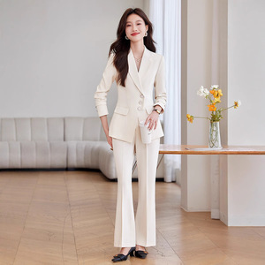 Women's Suit Set Polyester Three Quarter Sleeve Office Lady Spring White Flared Pants Professional Work Uniform - Product Image 1