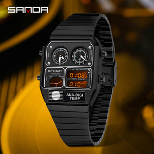 SANDA 3192 Montre Digitale LED Homme à <span class=keywords><strong>Cadran</strong></span> Carré, Multifonction avec Mesure de Température, Bracelet en Acier, Montre-Bracelet Sportive pour Homme, Idée Cadeau - Product Image 2