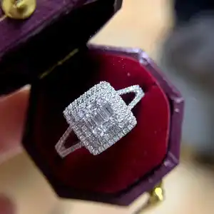 Free shipping Luxury Simple Style Square Shaped Design Real Shiny Square Wedding Diamond Ring in Solid Gold