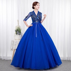 Blue Tulle Ball Gown V-neck Empire Waist Floral Print Evening Dress for Women - Product Image 1