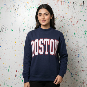 BOSTON <b>NAVY</b> BLUE Hooded Sweatshirt WHITE Applique Embroidery Wide Neck CLUSH SPORTS 100% Cotton Half Zip Velour Color Blocking - Product Image 1