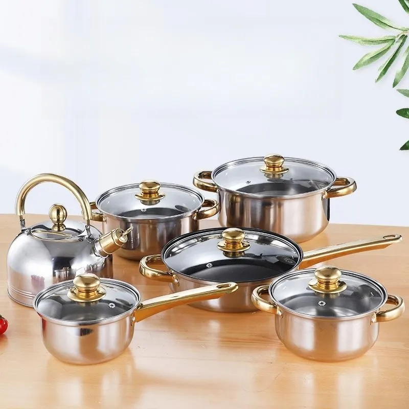 12 Stuks Non-Stick Kookgerei Set Rvs Pot Set Gouden Handvat Kwaliteit Keuken Kookpot Set Oem Kookgerei