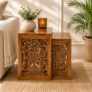 Hand Carved Wood Nested End <b>Tables</b> Natural Walnut Finish Set Of 2 Traditional Bedroom Furniture - Product Image 5