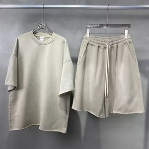Men's Sun Faded Blank Vintage French Terry Oversized Plain Boxy Fit Raw Hem T-shirts And Shorts Set