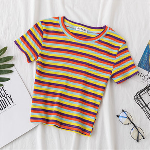 Casual O-Neck Women's Crop <strong>Top</strong> T-Shirt 95% Cotton 5% Spandex Sweet Slim Fit <strong>Rainbow</strong> Striped Design - Product Image 5