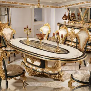 Französischer Stil Luxus Royal Luxus Esszimmer Set Massivholz Antik Geschnitzter langer Esstisch