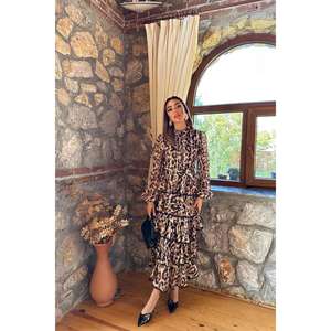 Robe longue à imprimé léopard, à volants, taille empire, col à revers, coupe évasée, en tissu tissé, pour soirée ou décontractée - Product Image 6