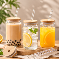 Gobelets en verre borosilicate modernes personnalisables avec logo, 16oz et 18oz, avec couvercles en bambou et pailles, transparents, pour café glacé, bière et thé