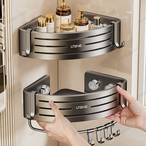 Lteng Corner Bathroom Storage Rack Suction Mounted Triangular Shelf With <b>Hooks</b> For Toilet Shower Storage - Product Image 1