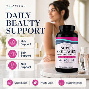 Tabletas de Super Colágeno OEM ODM con <span class=keywords><strong>Vitamina</strong></span> <span class=keywords><strong>C</strong></span> y Biotina <span class=keywords><strong>para</strong></span> Apoyo a la Belleza, Fabricante de Marca Privada, Fórmula Personalizada, MOQ Bajo, Vegano - Product Image 1