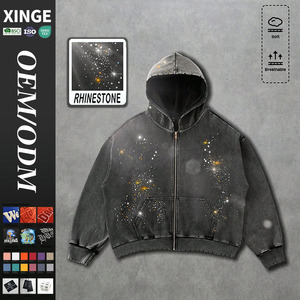 2025 Biểu Tượng Tùy Chỉnh Chất Lượng Cao Quá Khổ Hoodie Tùy Chỉnh Thời Trang Phố Rhinestone In Cổ Điển Rửa Rửa Đau Khổ Của Người Đàn Ông Dây Kéo Áo - Product Image 1