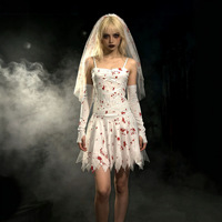 Costume de mariée zombie pour femme pour Halloween, robe à bretelles irrégulières avec imprimé sang, voile et gants, costume de fête d'Halloween effrayant