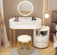 Coiffeuse de luxe ronde en pin massif avec miroir LED, grand coffre de rangement, station de maquillage moderne pour chambre à coucher