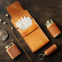 Étui à cigarettes portable en cuir véritable classique avec motif de feux d'artifice, couvercle en bois, beige, écologique, style tendance, excellent cadeau