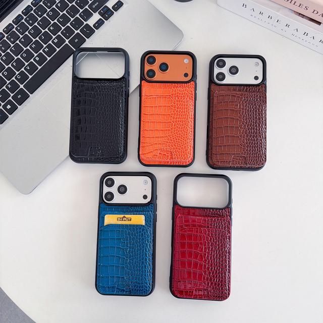 New Crocodile-Patterned PU Shock-Absorbing Card Holder Phone Case with Large Camera Cutout, for iPhone 17/16/15/14/13 Pro