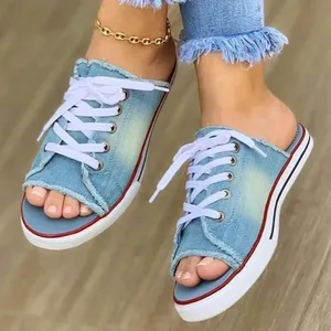 Women Canvas Flat Slipper 2022 Woman Lace Up Ladies Peep Toe New Women's Casual Female Denim Jean Beach Shoes Plus Size 35-43