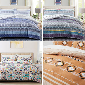 ボヘミアンキング/クイーンサイズカスタマイズ可能掛け布団カバーセット ホワイトレトロフローラルストライププリント 200TC高級ソフトマイクロファイバー寝具 - Product Image 4