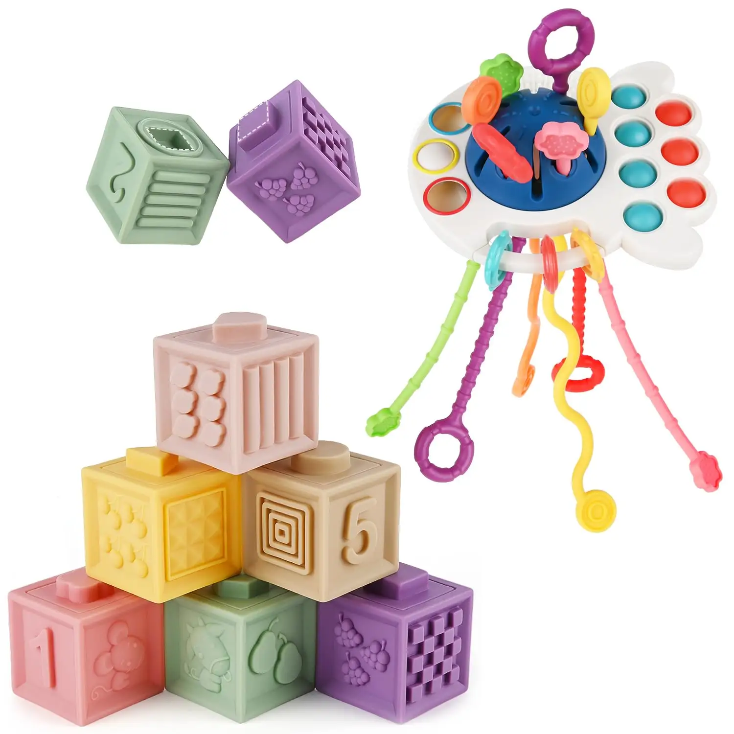 2 en 1 Lovely Montessori Baby toys Set desarrollar creatividad Release Kids'curiosity Pull String Toy Animales Formas Texturas
