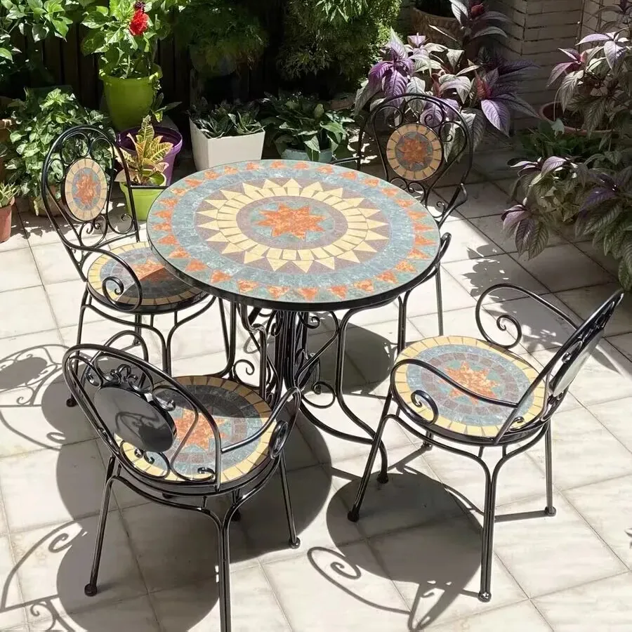Meubles de balcon en fer européen ensemble de trois pièces cour extérieure loisirs en plein air mosaïque table à thé et chaise ensemble combiné