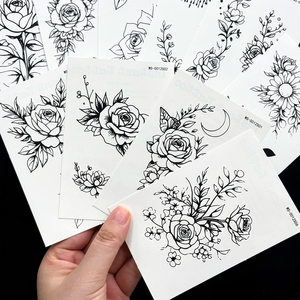Lot <span class=keywords><strong>de</strong></span> 10 autocollants <span class=keywords><strong>de</strong></span> <span class=keywords><strong>tatouage</strong></span> temporaire noir à motifs floraux, style ligne artistique, roses, faux tatouages imperméables pour le corps - Product Image 6