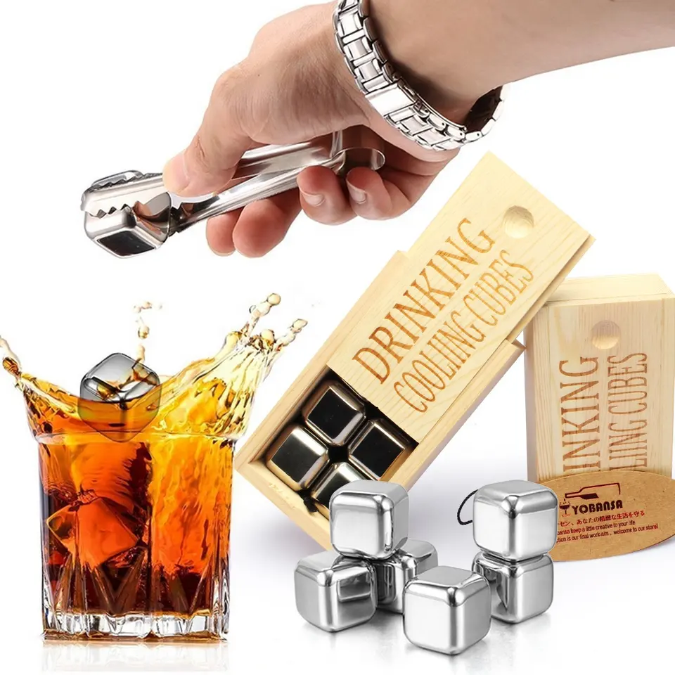 Glaçons réutilisables en métal personnalisés glaçons en acier inoxydable cubos de hielo pierres à whisky coffret cadeau pierres de refroidissement au whisky