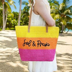 Bolsa de Playa para Viajes al Aire Libre, Bolsa de Paja a Rayas Coloridas de Verano, Bolsa de Mano de Paja de Gran Capacidad para Mujer, Personalizada - Product Image 1