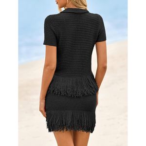 Fisoew Womens 2 Piece Crochet <b>Knit</b> <b>Set</b> Short Sleeve Button Top Fringe Skirt Casual Vacation Outfit Spring Summer - Product Image 5