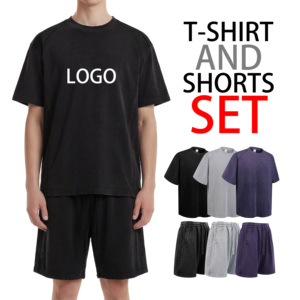 T-shirt et short pour homme de haute qualité, 100% coton, logo personnalisé, style vintage <span class=keywords><strong>streetwear</strong></span>, patchwork, lavé, ensemble court surdimensionné - Product Image 1