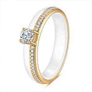 Women's <b>Ceramic</b> <b>Ring</b> 4mm Round Zircon Prong Setting Engagement Jewelry Steel White Black Gold Color - Product Image 5