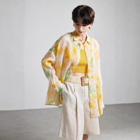 Chemisier Élégant 100% Ramie pour Femme, Imprimé Floral Vintage, Manches Longues, Coupe Ample Décontractée, Respirant, Vêtement en Fibre Naturelle 2026