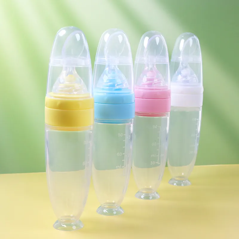 Baby Feeding Bottle with Spoon Custom Logo Wholesale Portable Food Grade BPA Free Silicone Squeeze Rice Paste Milk Silicone