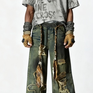 Jeans Vaqueros Holgados de Estilo Urbano, Desgastados, Rotos, con Parches, de Pierna Recta, Transpirables, para Hombre, Otoño Verano - Product Image 1