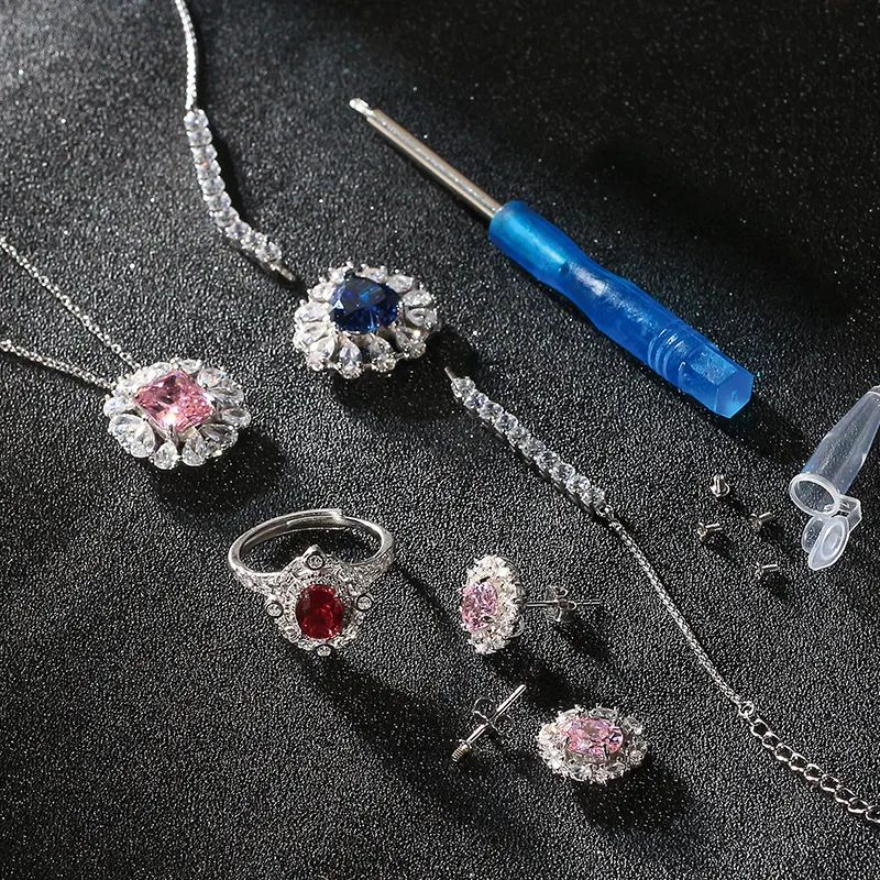 RINNTIN LM fábrica atacado feminino pulseira de pedras preciosas destacáveis anel brincos colar conjunto de jóias de noiva para mulher