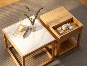Table basse moderne en bois avec plateau en marbre et étagère de rangement, meubles de salon - Product Image 3