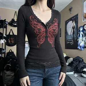 Women's <b>Y2K</b> Butterfly Print Color Block Lace Trim Knitted <b>Long</b> <b>Sleeve</b> T-Shirt Stretchy Slim Fit Casual Fall <b>Top</b> - Product Image 4