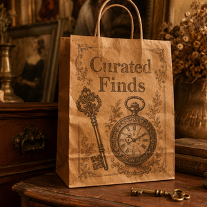 Bolsas de Mercado Vintage Personalizadas de Papel Kraft Marrón con Logotipo de Reloj de Bolsillo Antiguo, Paquete de Regalo con Asa Retorcida y Artículos Curados de Mercadillos - Product Image 1