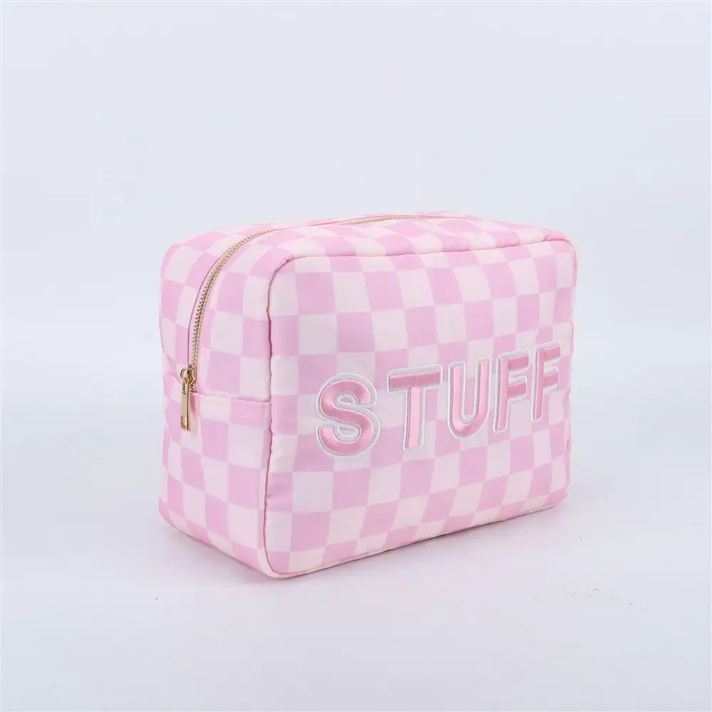 Borse per il trucco rosa XL dimensioni borsa per cosmetici in Nylon impermeabile con controllo tascabile interno custodia in Nylon con cerniera cucita sulla borsa per il trucco