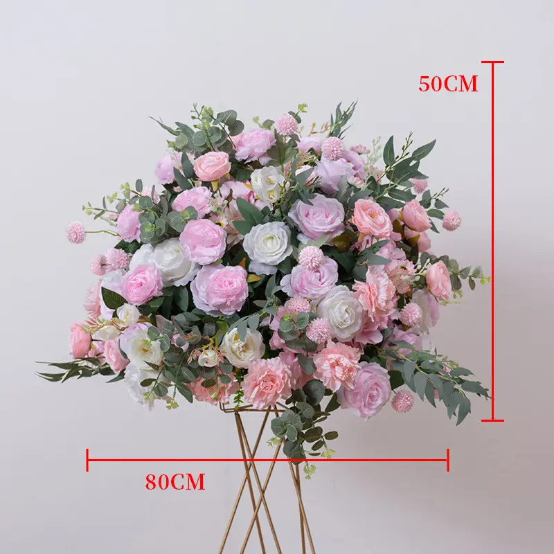 لوازم زينة الزفاف ، ترتيب الزهور من الحرير الأبيض والوردي ، طاولة زهور صناعية مركزية
