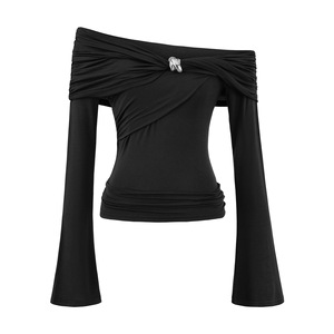 Blusa de mujer con hombros descubiertos y fruncido, detalle de hebilla dorada, manga larga acampanada, ajustada, estilo camiseta, a la moda - Product Image 4