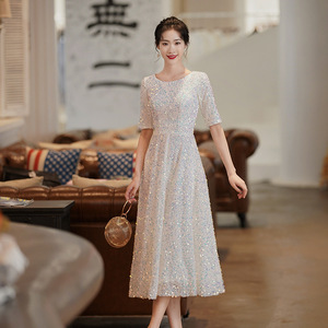 White Evening Gown Scoop Neck Natural Waist 3D Patterns Elegant For Coming Of Age Ceremony - Product Image 3