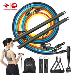 Bandas de tubo de resistencia de látex Hebilla de plástico 11PCs Set con barra de Pilates Logotipo personalizado Bandas de ejercicio de entrenamiento para Fitness
